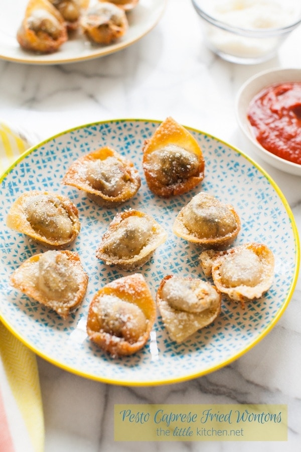 Pesto Caprese Fried Wontons from thelittlekitchen.net