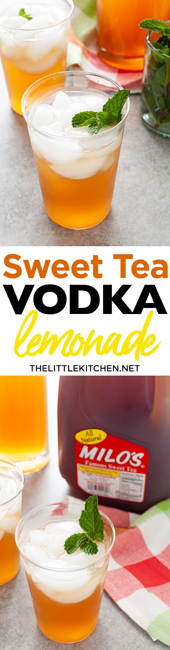 glasses with sweet tea vodka and lemonade with jug of Milo's Sweet Tea in the background