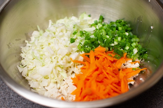 Mixing bowl filled with cabbage, green onions, carrots, and tofu for Vegetarian Dumplings from thelittlekitchen.net