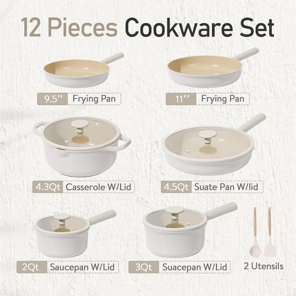 CAROTE Nonstick Pots and Pans Set, 12 Pcs Ceramic Cookware Sets, Healthy Non Stick Induction Cookware Kitchen Granite Cooking Set w/Frying Pans  Saucepan, PFOS, PFOA Free
