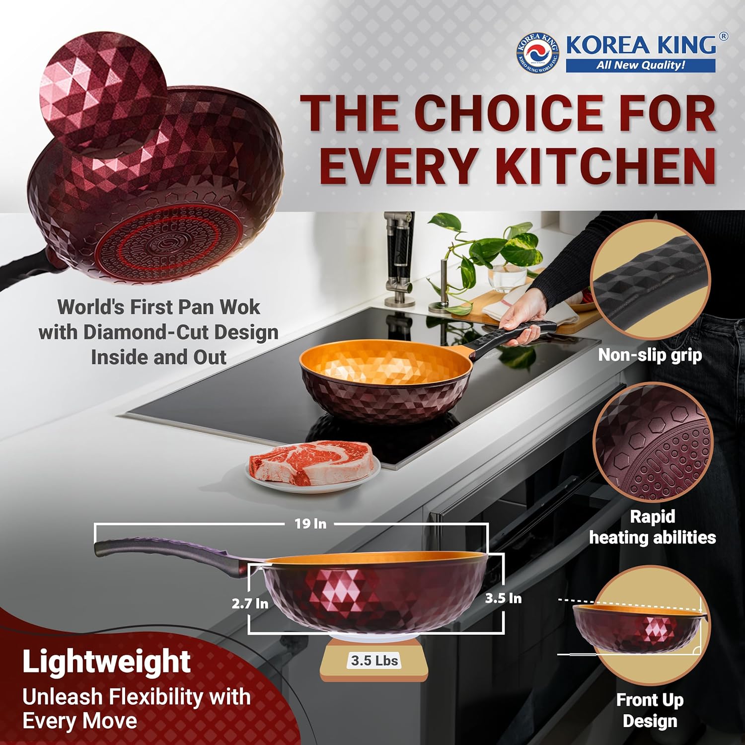 KOREA KING Premium Non Stick Frying Wok Pan Hybrid, Titanium-Coated Nonstick Skillet Lid-Free, Induction Cookware Compatible, Egg Omelet, Stir Fry Saute Pan - All in One Pan For Cooking - 11 inch